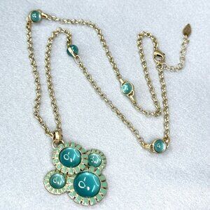 Coldwater Creek Necklace Sea Blue Moon Glow Bead Green Enamel Satin Gold Tone 29